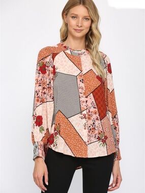 Fate The Sassari Kat Flower Blouse patchwork mix print boho artsy sz s